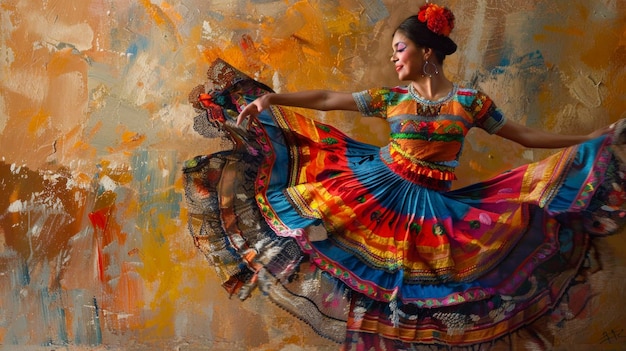 Фото Красивая женщина в традиционном платье из мексики танцует