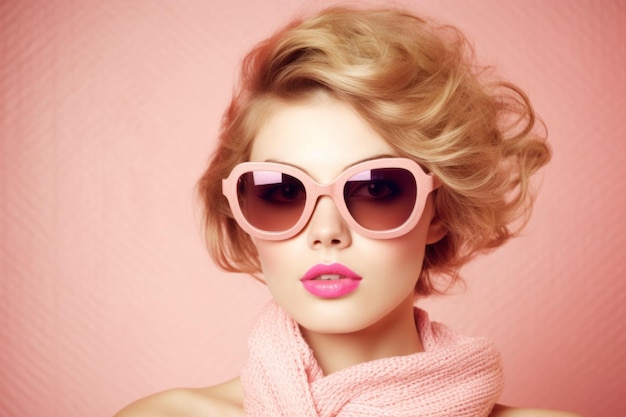 Beautiful woman with trendy pink sunglasses