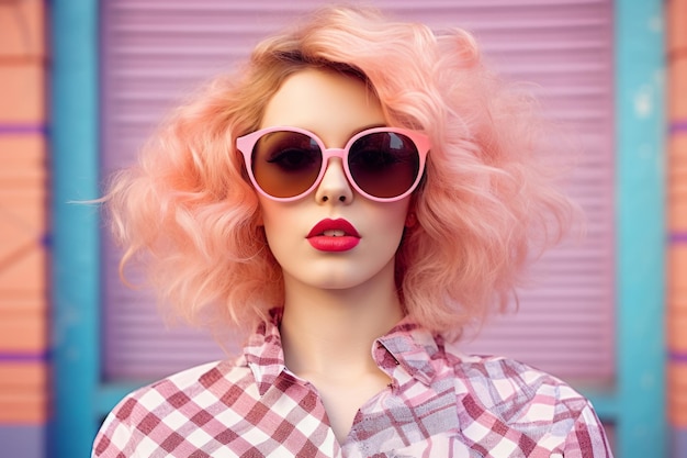 Beautiful woman with trendy pink sunglasses