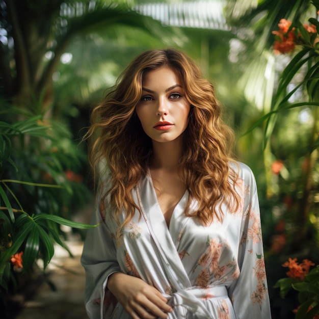 Beautiful woman with wavy hair in a garden generative AI