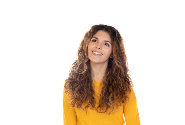 Beautiful woman with wavy hair isolated on a white background