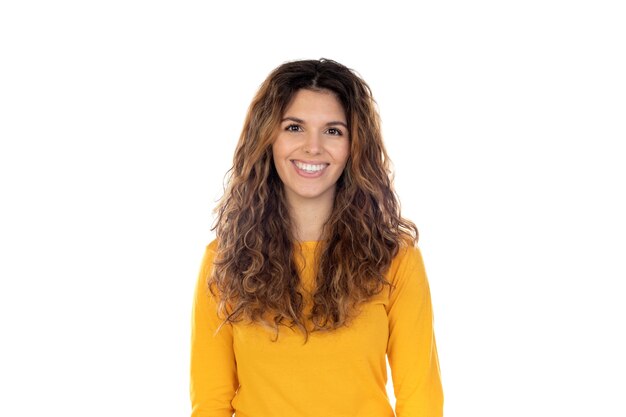 Beautiful woman with wavy hair isolated on a white background