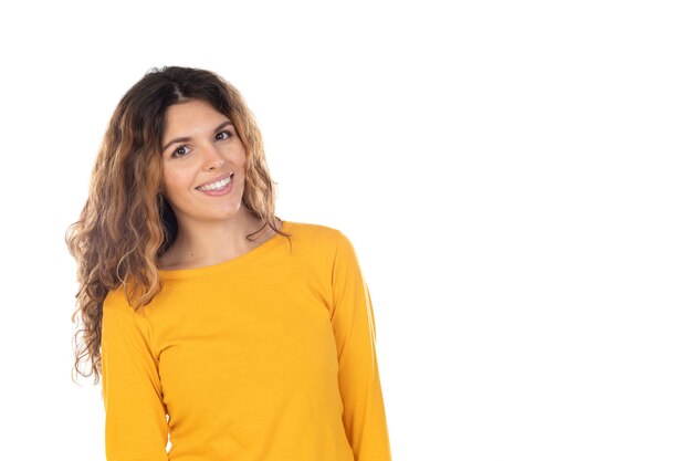 Beautiful woman with wavy hair isolated on a white