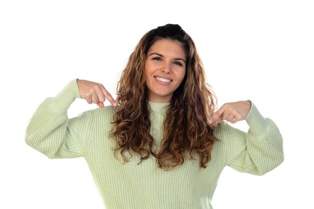 Beautiful woman with wavy hair isolated on white