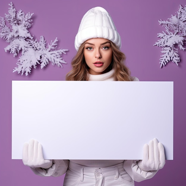 Foto una bella donna con un cartello bianco che crea una scena invernale magica