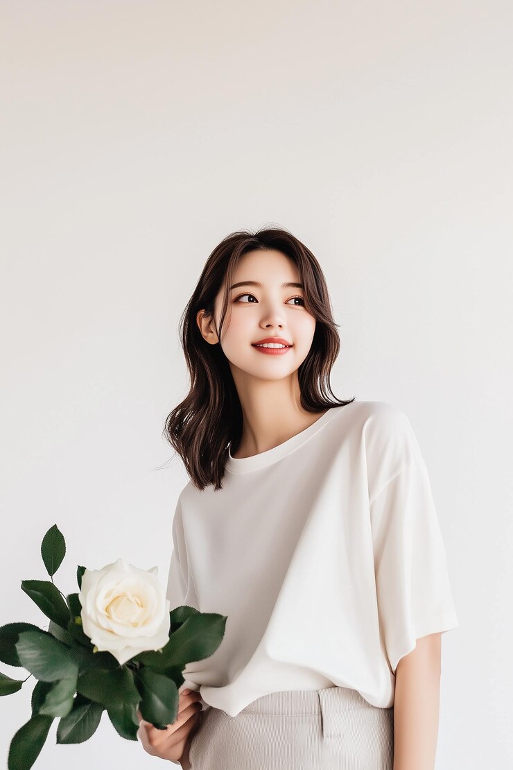 Photo  장미와 부드러운 미소를 가진 아름다운 여자