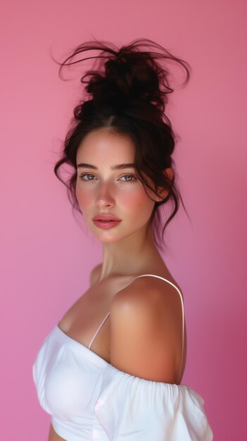 Photo a beautiful woman with a white tank top on pink background