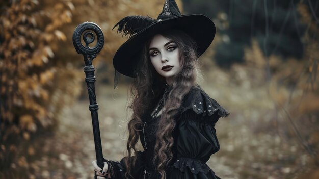 Photo a beautiful woman with a witch appearance with a mystical aura ai generated image