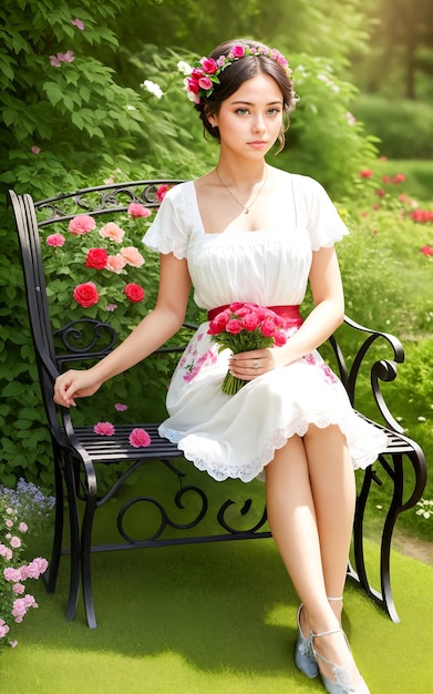 Beautiful woman with wreath on her head sits on bench in blooming gardenDigital creative designer fashion artAI illustration