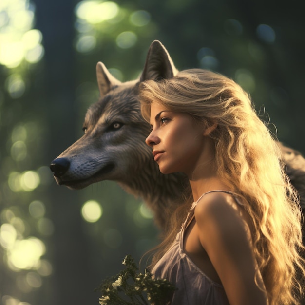 Photo a a beautiful woman and a wolf 5