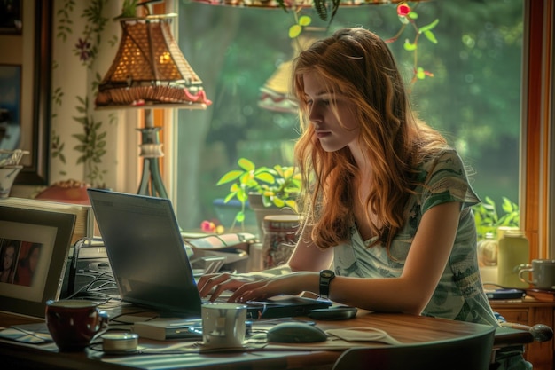 Beautiful woman working on a laptop at home