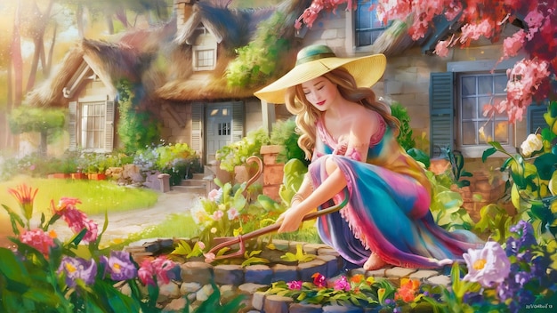 Beautiful woman works in a garden near the house