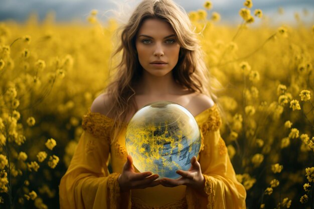 Beautiful woman in a yellow dress with a globe in her hand