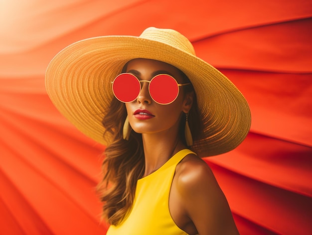 Foto bella donna con cappello giallo e occhiali da sole su sfondo rosso