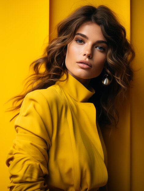 Beautiful woman in yellow jacket posing against yellow wall