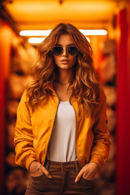 Beautiful woman in yellow jacket and sunglasses