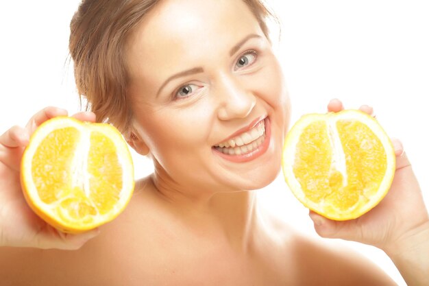 Beautiful woman39s face with juicy orange