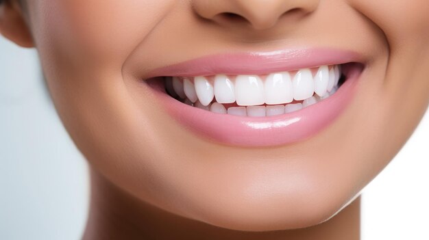 Beautiful woman39s smile with healthy white straight teeth closeup on light background with space for text