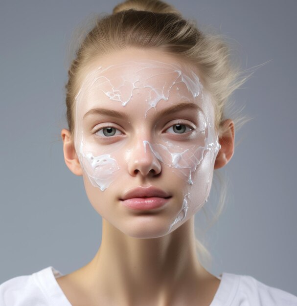 A beautiful womans face is covered with white lotion