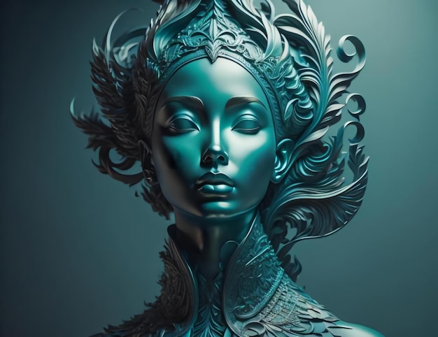 Beautiful womans face in a turquoise mask generative ai