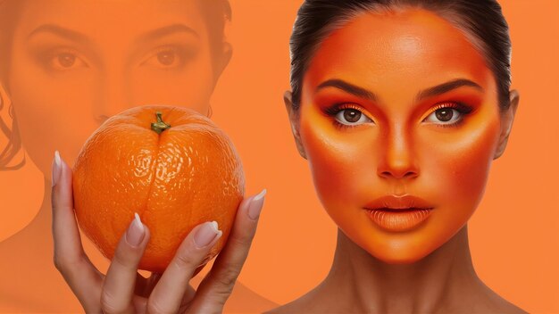 Photo beautiful womans face with delicious orange