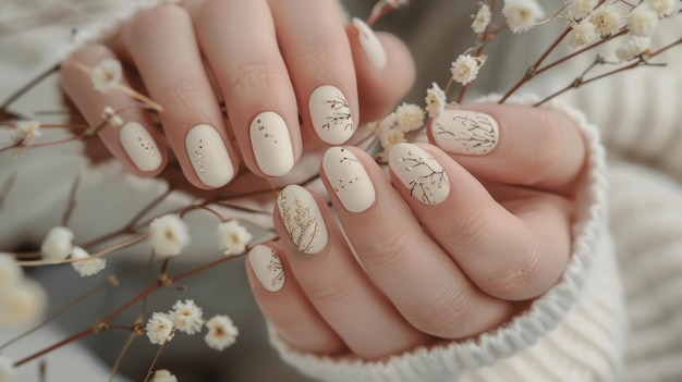 Beautiful Womans hands with floral elegant manicure with blossom flowers Spring nails desigh