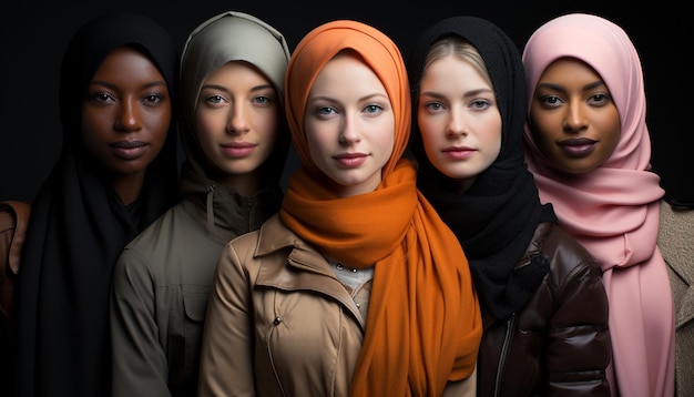 Красивые женщины разных национальностей, одетые в религиозные вуали, уверенно улыбаются, созданные искусственным интеллектом