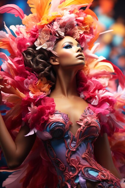 Beautiful women in feather dress in carnival festival or Confetti