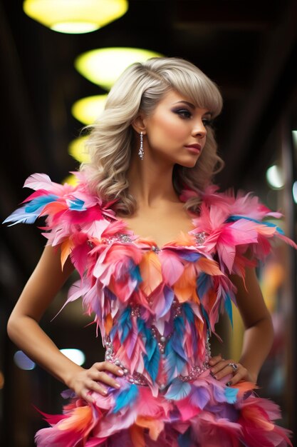 Beautiful women in feather dress in carnival festival or Confetti