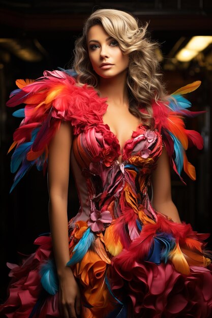 Beautiful women in feather dress in carnival festival or Confetti