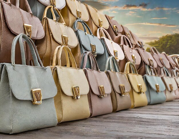 Beautiful women leather bags in varying pastel colors in a row