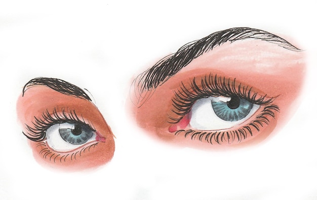 Beautiful women's eyes. Ink and watercolor drawing