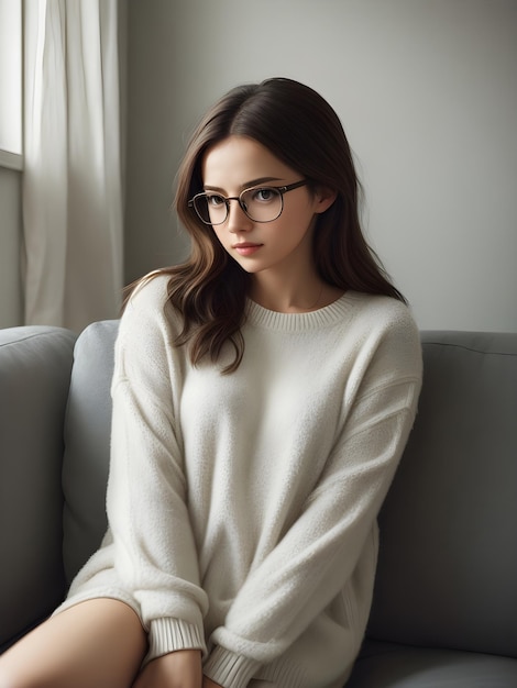 Beautiful women She wears comfortable clothes and her glasses On the sofa ai generative