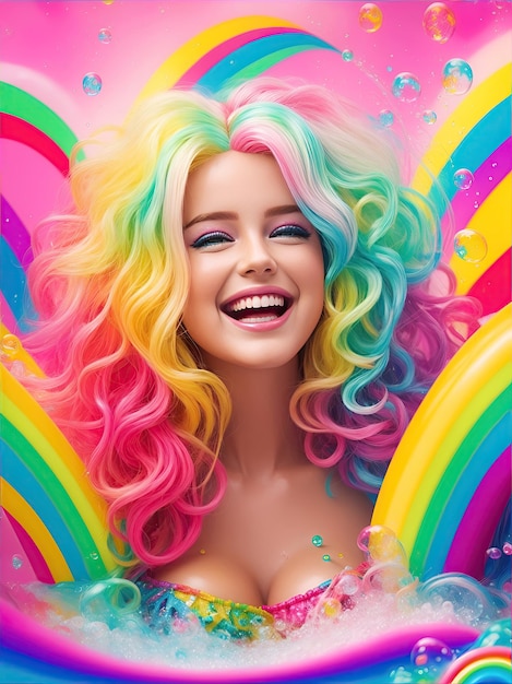 Foto belle donne vestite come bambole con i colori dell'arcobaleno