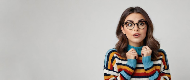 Beautiful women wearing sweater and eyewear web advertisement background