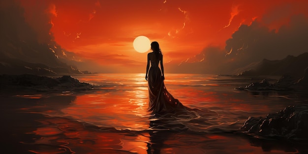 beautiful women who burns a sunset with a lighter beautiful red sky lighter light illustration mi