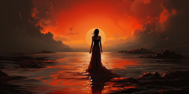 ライターで夕日を燃やす美しい女性 美しい赤い空 ライターの光のイラスト mi