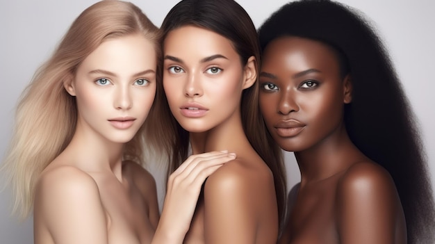 Beautiful women with beautiful face Skin care editorial Different types and colors of skin