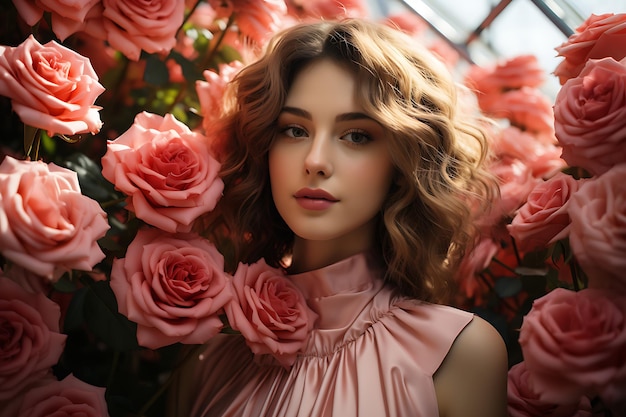 ピンクのバラをかぶった美しい女性