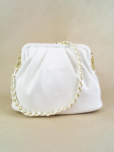 A beautiful womens bag stands on a paper background