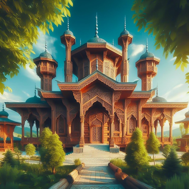 Beautiful wood mosque and nature view