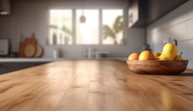 Beautiful wood table top with blur fruits on dish and blur bokeh modern kitchen interiorai generativ