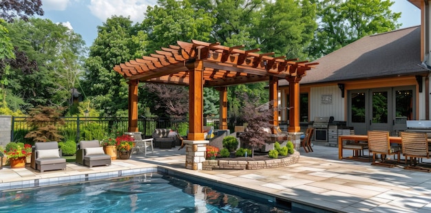 Photo a beautiful wooden arbor with a seating area next to the pool