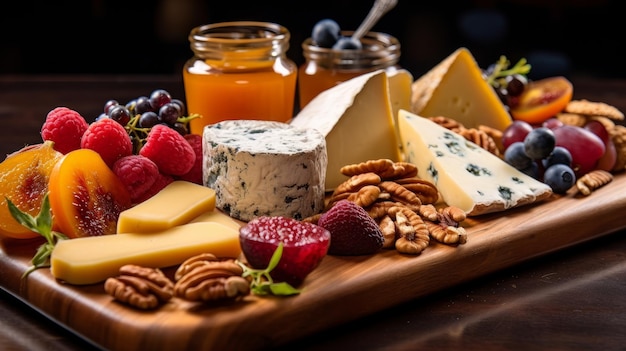 Beautiful wooden board with cheese nuts honey and fruits for the festive table