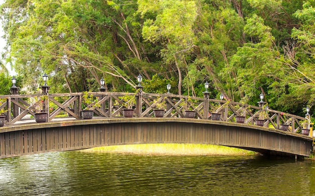 Beautiful wooden bridge across river.