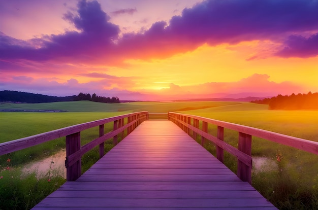 Foto un bellissimo ponte di legno che porta ad una vasta distesa di erba ai generati