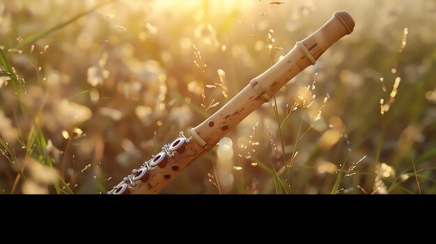 A beautiful wooden flute lies on a lush green field of grass The sun is setting and the warm light casts a golden glow over the scene