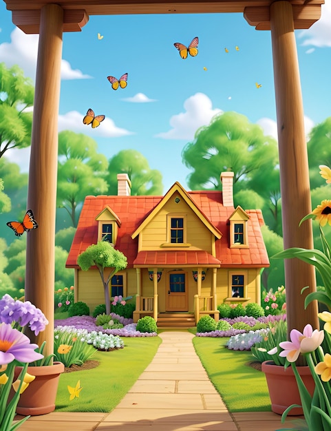 Фото Красивый деревянный дом с садом, окруженный зеленью, в спокойный весенний день бабочки наслаждаются