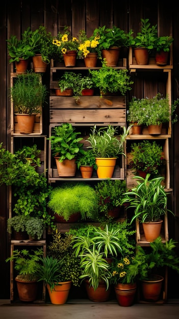 A Beautiful Wooden Pallet Overflowing with Lush Potted Plants and Fragrant Herbs