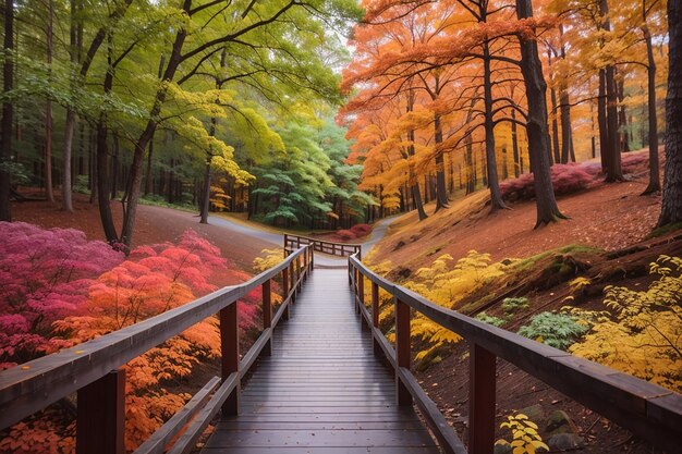 Beautiful wooden pathway going the breathtaking colorful trees in a forest